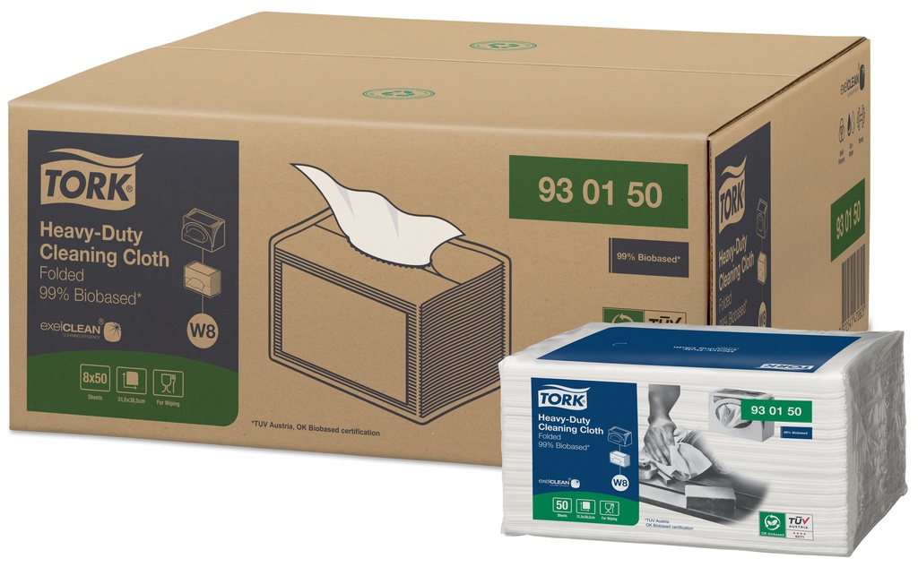 Braune Umverpackung und durchsichtiger Pack Tork Heavy-Duty Reinigungstücher nebeneinander. Box zeigt Entnahme-Skizze und „99% biobasiert“. Pack enthält 50 Tücher, Hand wischt Oberfläche. Für Tork W8 System.