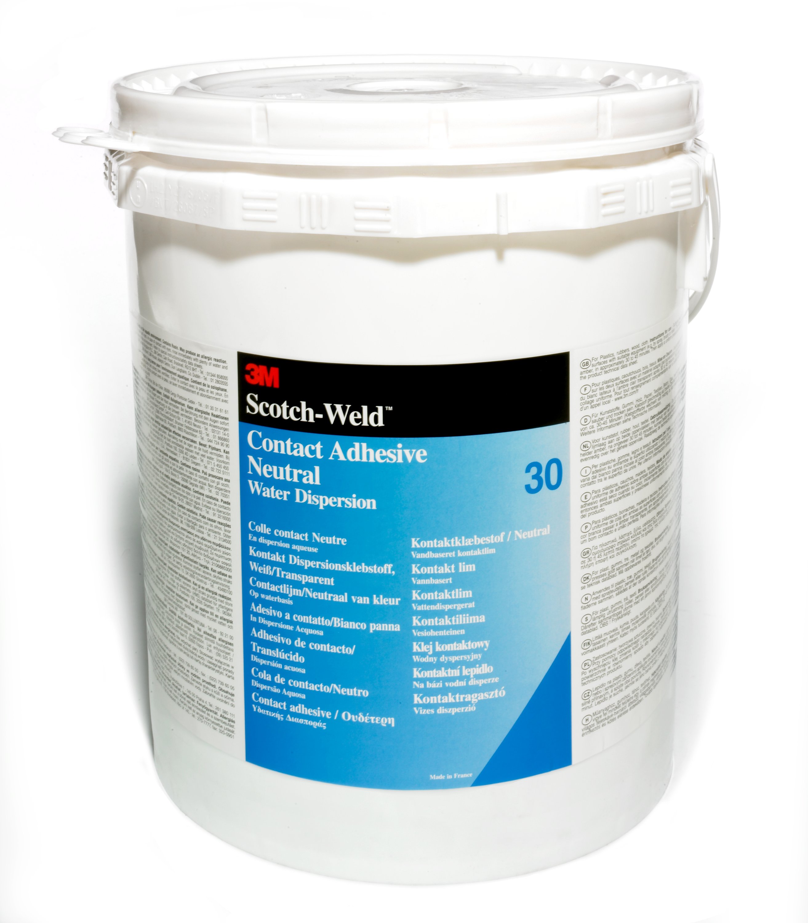 Weißer 20-Liter-Industrieeimer mit 3M Scotch-Weld 30NF Fastbond Dispersionsklebstoff. Etikett mit 3M-Logo, Marke Scotch-Weld und "Contact Adhesive Neutral Water Dispersion" in mehreren Sprachen.