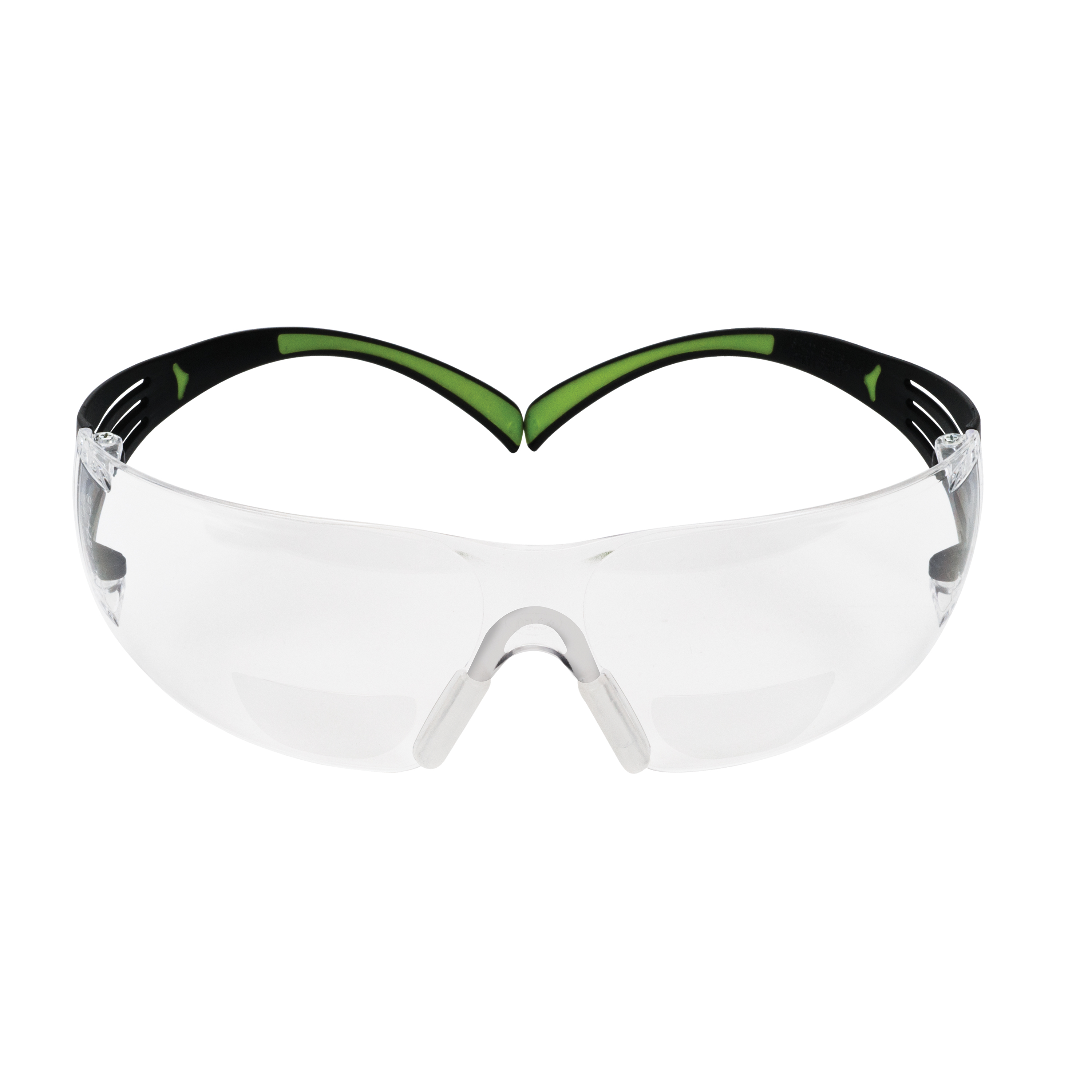 Leichte 3M SecureFit Schutzbrille mit klaren, randlosen Polycarbonatscheiben und Dioptrienbereich 2,50 im unteren Sichtfeld. Schwarze Bügel mit grünen Akzenten, geschlitzte Druckverteilungstechnologie, weicher Nasensteg.