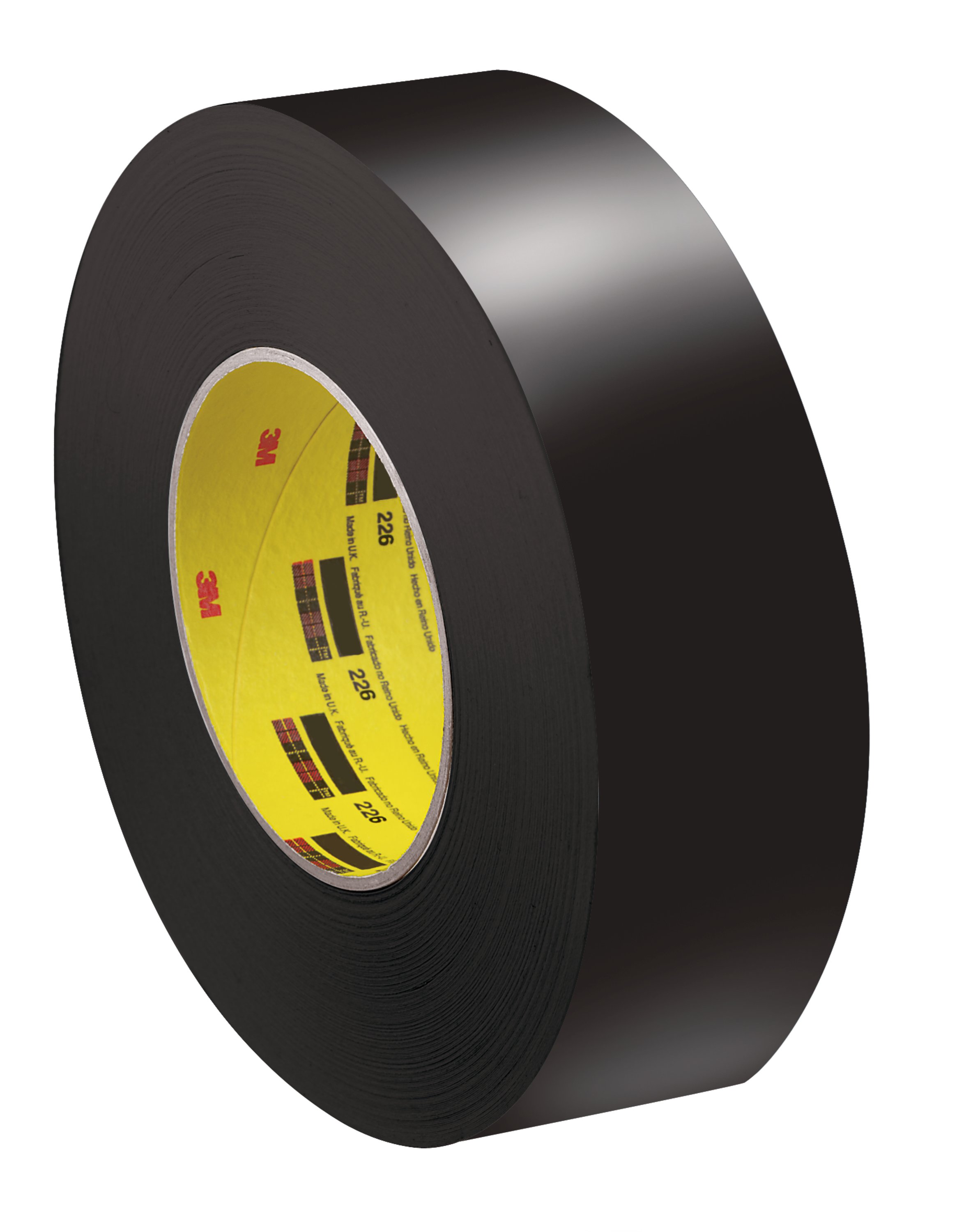 Eine schwarze Rolle 3M 226 Abdeckband, schräg von vorne betrachtet. Der Kern ist gelb und zeigt wiederholt das 3M-Logo sowie die Nummer 226. Das Bandmaterial wirkt glatt und fest, geeignet als Farblinienabdeckband für präzise Anwendungen.