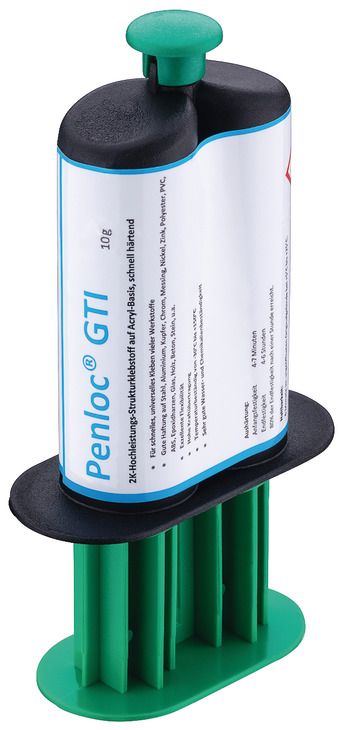 Weiße/schwarze 2-Komponenten-Klebstoffkartusche Penloc GTI von Panacol, stehend in einem grünen Dosierer. Oben ein kleiner grüner Druckknopf. Auf dem Etikett Details zum Hochleistungs-Strukturklebstoff.