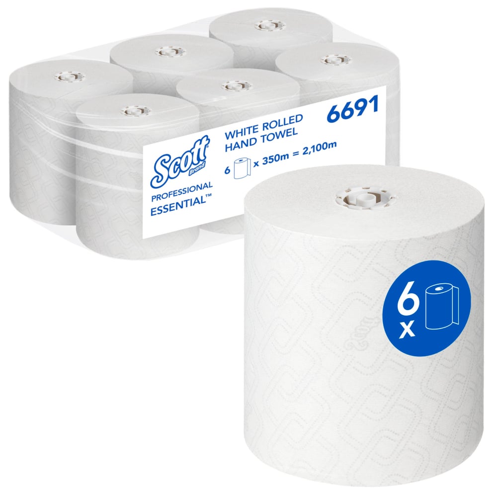 Packung mit sechs weissen Scott Essential Rollenhandtüchern (Modell 6691). Eine Rolle prominent im Vordergrund mit geprägter Oberfläche, fünf weitere in transparenter Kunststoffverpackung. Jede Rolle 350m, total 2100m.