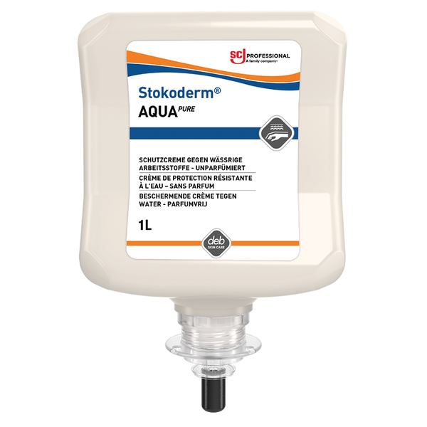 Beiger 1-L-Nachfüllbehälter Stokoderm AQUA PURE Schutzcreme (SC Johnson). Unparfümiert, Schutz gegen wässrige Arbeitsstoffe. Schwarze Pumpe, transparente Düse.