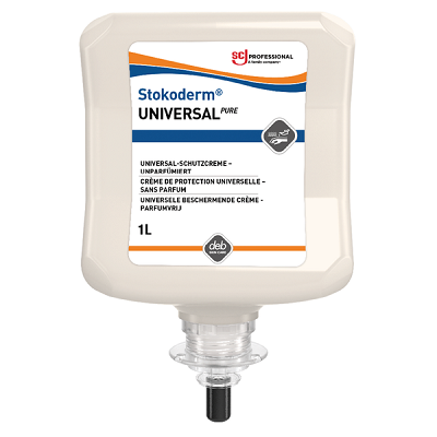 Beigefarbene 1-Liter-Spenderflasche Stokoderm UNIVERSAL PURE Schutzcreme. Etikett mit Markennamen, „Universal-Schutzcreme – unparfümiert“ in drei Sprachen, SCJ PROFESSIONAL Logo. Unten Deb Skin Care Logo und Handschutz-Symbol.
