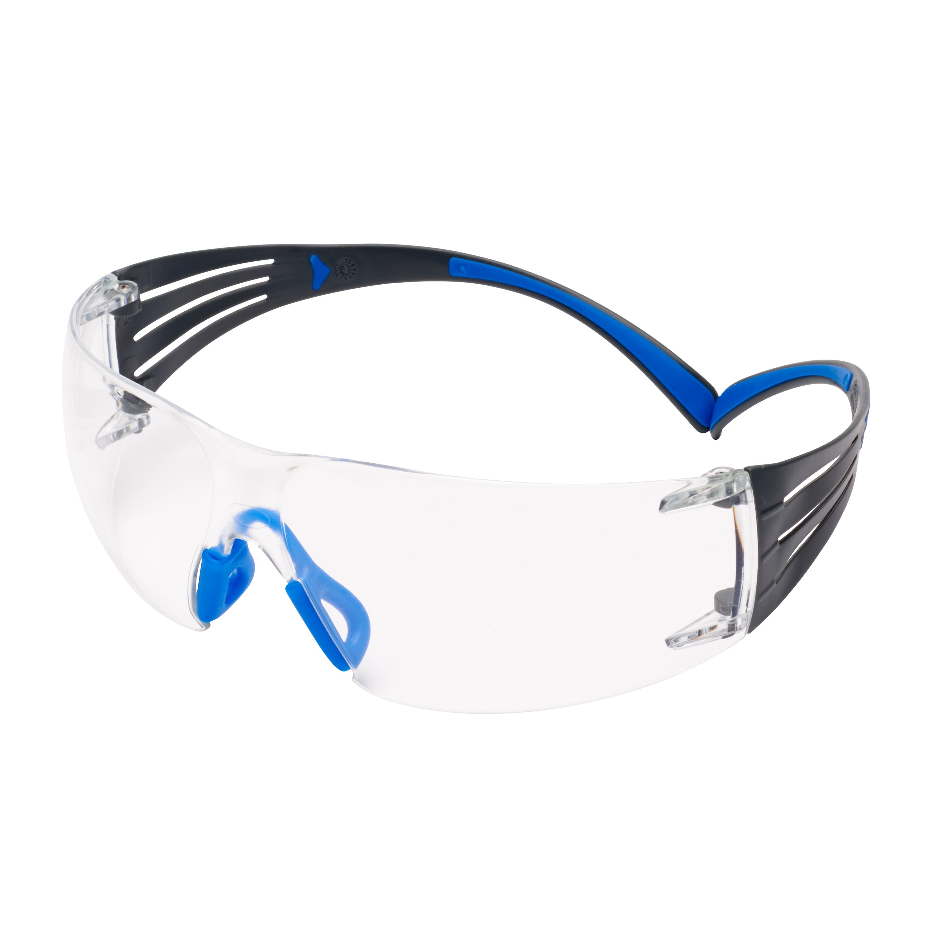 Transparente 3M SecureFit Schutzbrille mit schwarzem Rahmen und blauen Akzenten an Bügeln und Nasensteg. Sehr leichte Arbeitsschutzbrille mit Stoßfestigkeit und UV-Schutz. Ergonomisch, hoher Tragekomfort, passt sich an Kopfformen an.
