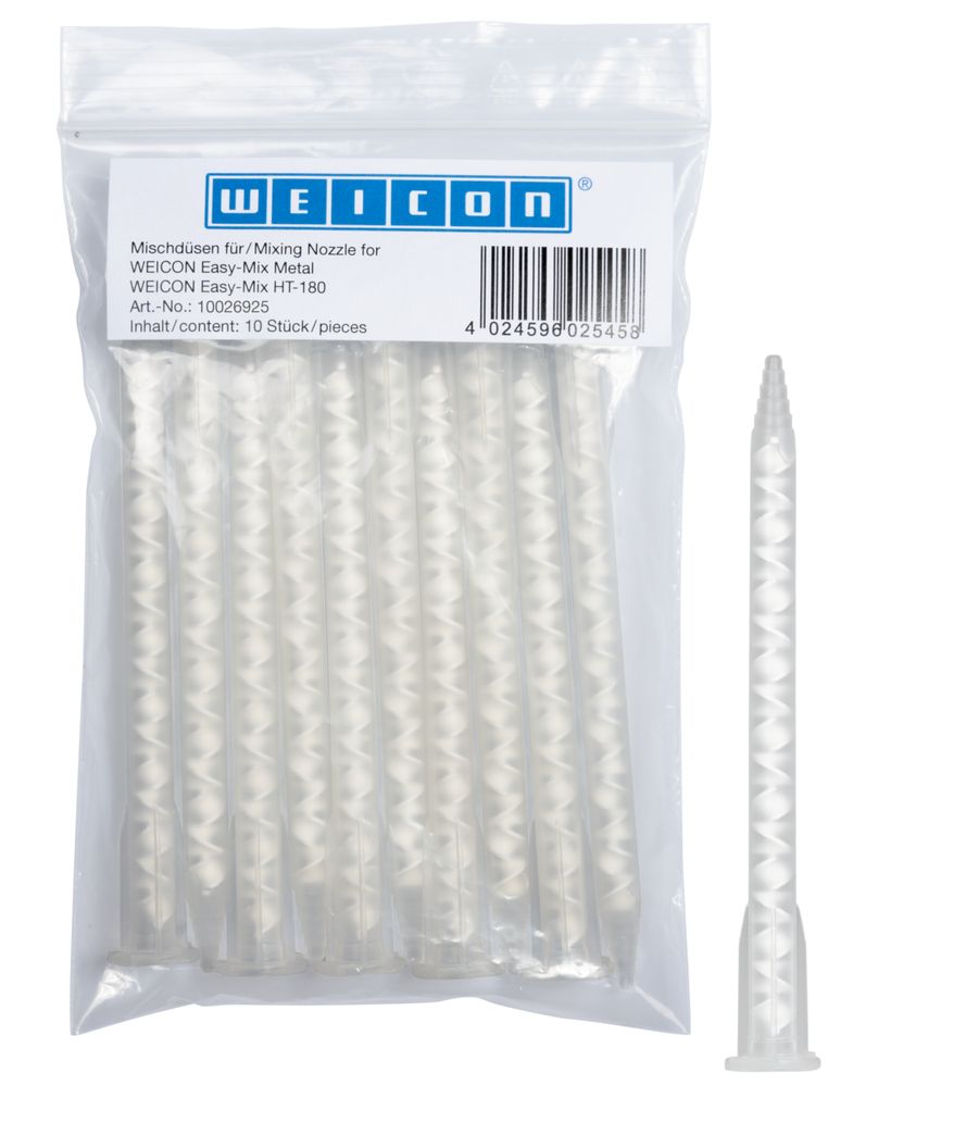 Zehn transparente WEICON Mischdüsen mit sichtbaren Helix-Mischwendeln zur homogenen Vermischung von 2-Komponenten-Klebstoffen wie WEICON Easy-Mix HT-180. Ein Statikmischer liegt einzeln neben der klaren Verpackung, bereit für professionelle Klebungen.