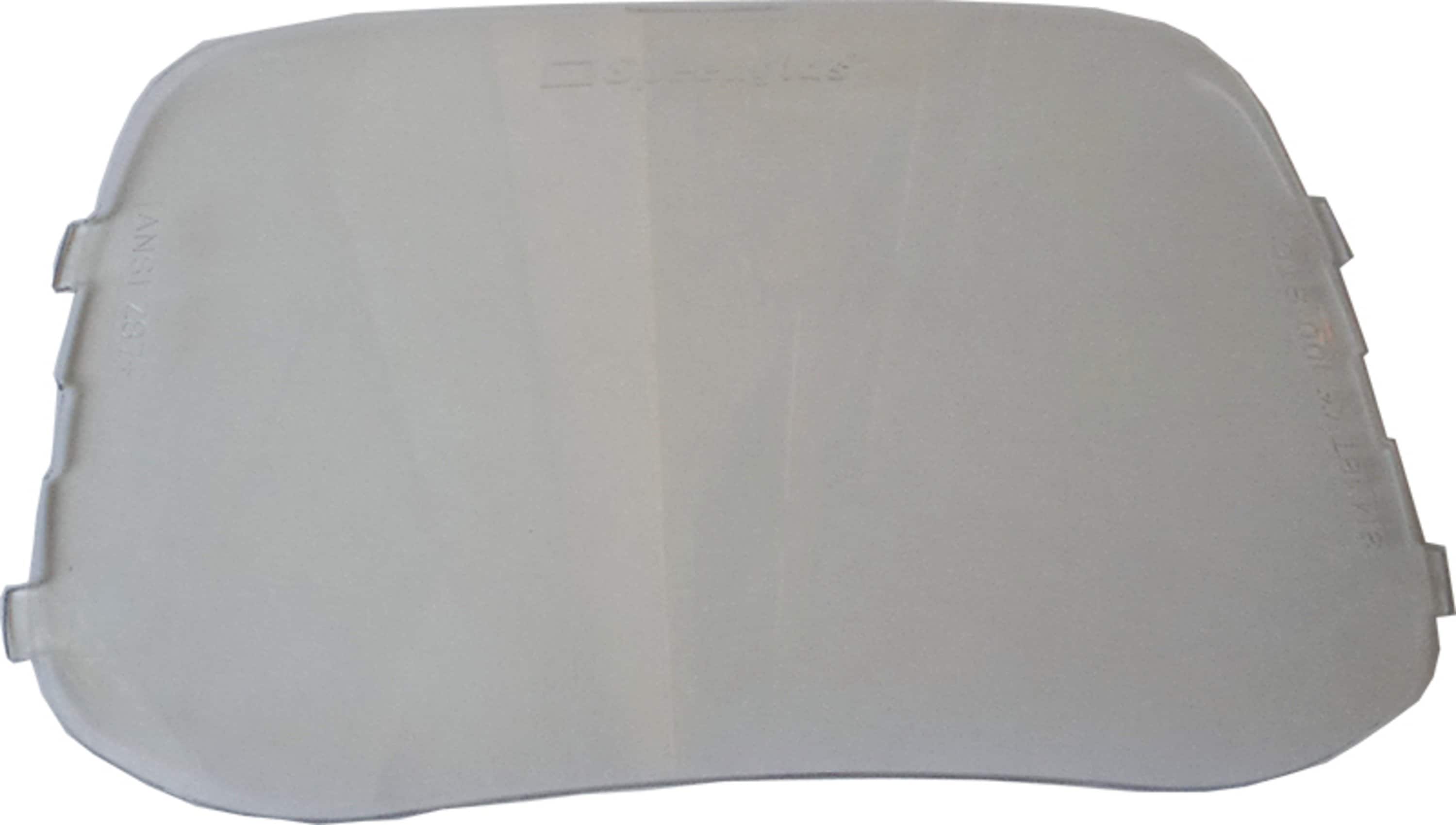 Eine leicht gekrümmte, transparente Schutzscheibe für Schweißhelme, typisch für Speedglas Serie 100. Mit seitlichen Befestigungsnasen, als äußere Vorsatzscheibe konzipiert, schützt das Sichtfeld vor Spritzern.