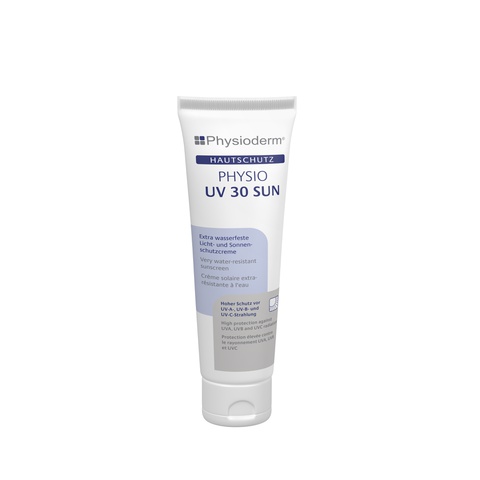 Weiße Tube Physioderm Hautschutz PHYSIO UV 30 SUN Sonnencreme mit blauen Schriftzügen. Die Aufschrift betont die extra wasserfeste Eigenschaft sowie den hohen Schutz vor UV-A-, UV-B- und UV-C-Strahlung für die Haut. Sie ist für sensible Haut geeignet.
