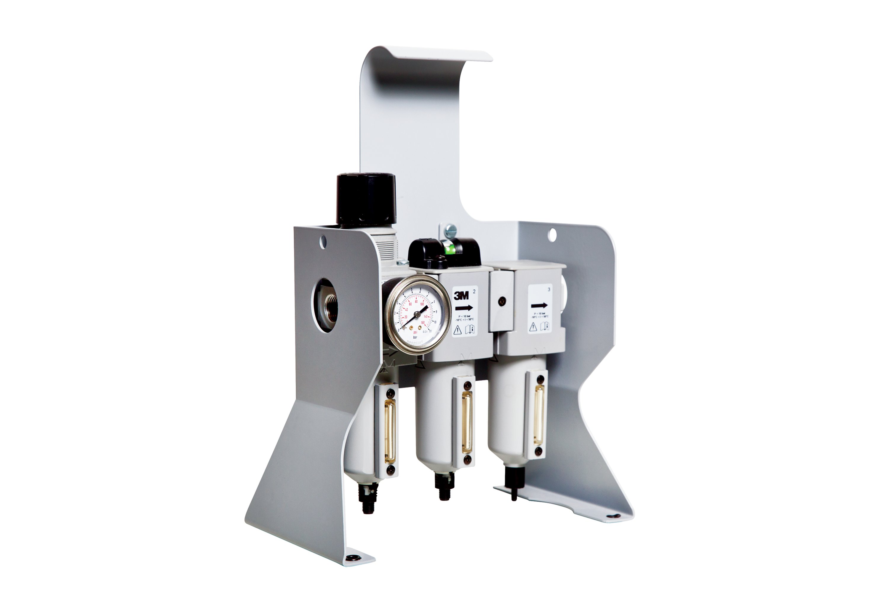 Freistehende 3M Aircare Luftfiltereinheit in hellem Grau mit schwarzem/weißem Gehäuse. Mit zentralem Manometer, drei vertikalen Filterkammern und robuster Bodenplatte. Zur Reinigung von Druckluft für Atemschutz/Tools.