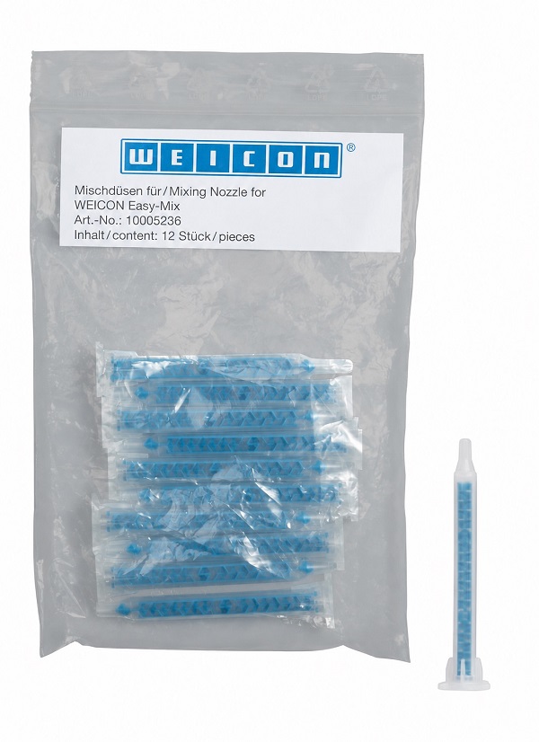 Transparente WEICON-Verpackung enthält zwölf einzeln verpackte blaue Mischdüsen für 2K-Klebstoffe. Daneben steht eine Mischdüse mit weißem Fuß aufrecht, die das innere spiralförmige Mischsystem zeigt.