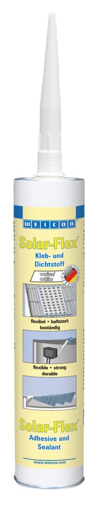 Weiße Kartusche WEICON Solar-Flex Kleb- und Dichtstoff für Solar- und Photovoltaikanlagen, mit blauer und gelber Beschriftung. Zeigt Anwendungen auf Solarmodulen, betont Flexibilität, Haftstärke, Witterungsbeständigkeit.
