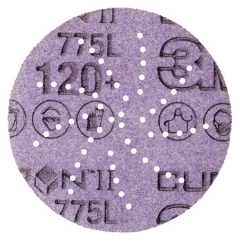 Rundes, lilafarbenes Schleifpapier mit vielen kleinen, weißen Löchern im sternförmigen Muster. Aufschrift "3M", "775L", Körnung "120+" sowie Arbeitsschutz-Piktogramme (Schutzbrille, Handschuhe) sichtbar.