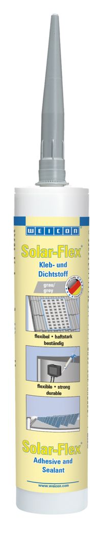 Graue/gelbe Tube WEICON Solar-Flex Kleb- und Dichtstoff. Graues MS-Polymer für den Solarbereich, erkennbar an Beschriftung und Solarmodul-Abbildungen. Konische graue Düse; beworben als witterungsbeständig, haftstark, flexibel.