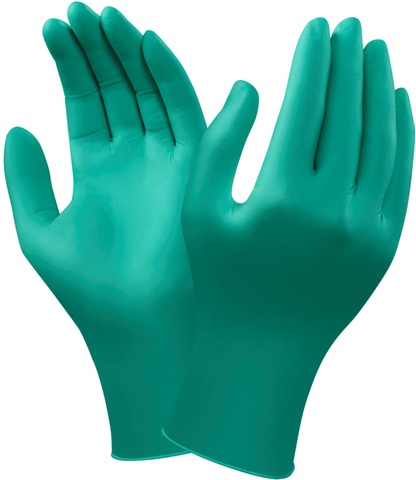 Ein Paar grüne Nitril-Schutzhandschuhe vom Modell TouchNTuff 92-600. Die puderfreien Handschuhe liegen geöffnet, mit den Handflächen leicht nach oben geneigt, bereit für den Einsatz bei chemischen Arbeiten oder in der Lebensmittelverarbeitung.