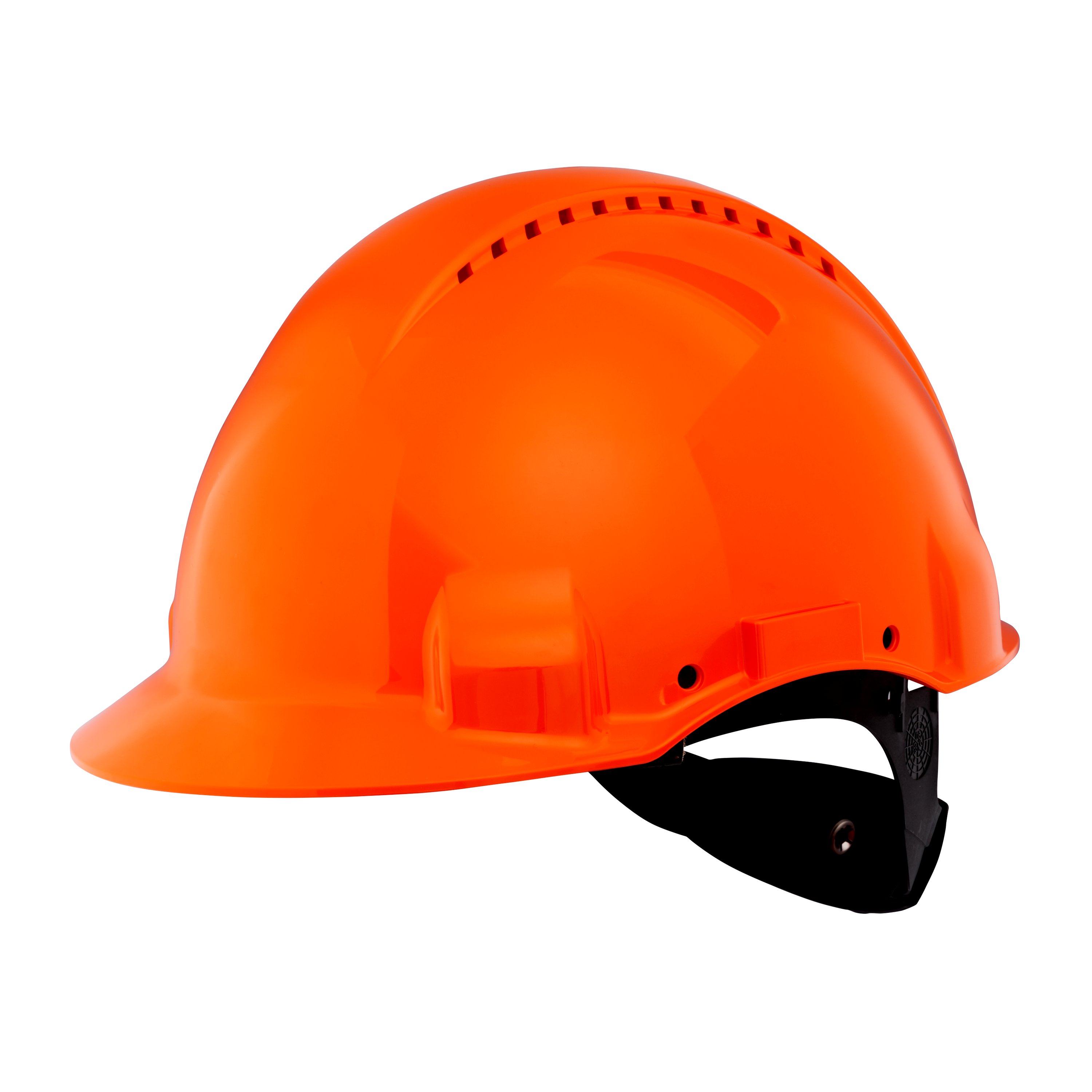 Leuchtend oranger Schutzhelm mit Belüftungsschlitzen, seitlich dargestellt. Glatte, glänzende Oberfläche mit sichtbarem schwarzem Innengurt für sicheren Halt. Auf weißem Hintergrund isoliert als Arbeitsschutzausrüstung.