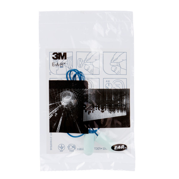 3M E-A-Rsoft metalldetektierbare Gehörschutzstöpsel (blau, mit Kordel) in transparenter Einwegverpackung mit Piktogrammen und 3M E-A-R Logo. Weicher Non-Food-Schaumstoff, hygienisch und zuverlässig detektierbar.