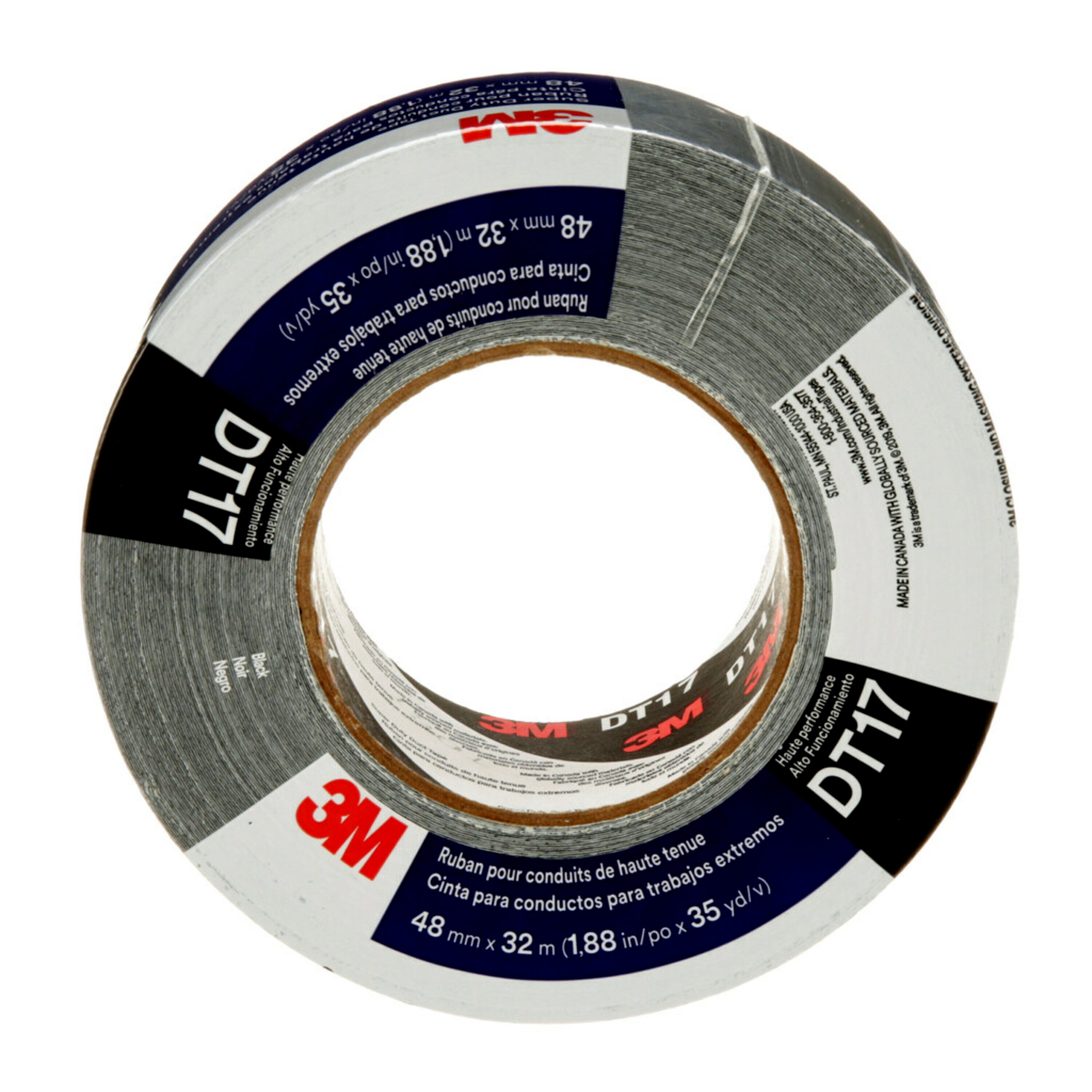 Eine Rolle schwarzes 3M Gewebeklebeband DT17 (48 mm x 32 m) auf weissem Grund. Das fest gewickelte Band zeigt auf dem Etikett das 3M-Logo und DT17. Die dicke, robuste, texturierte Oberfläche ist sichtbar.
