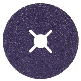 Disque en fibre 3M Cubitron 3 rond violet foncé, grain fin pour fort pouvoir abrasif. Surface rugueuse, encoche étoile pour fixation. Idéal pour ponçage intensif sur acier de construction et acier au carbone.