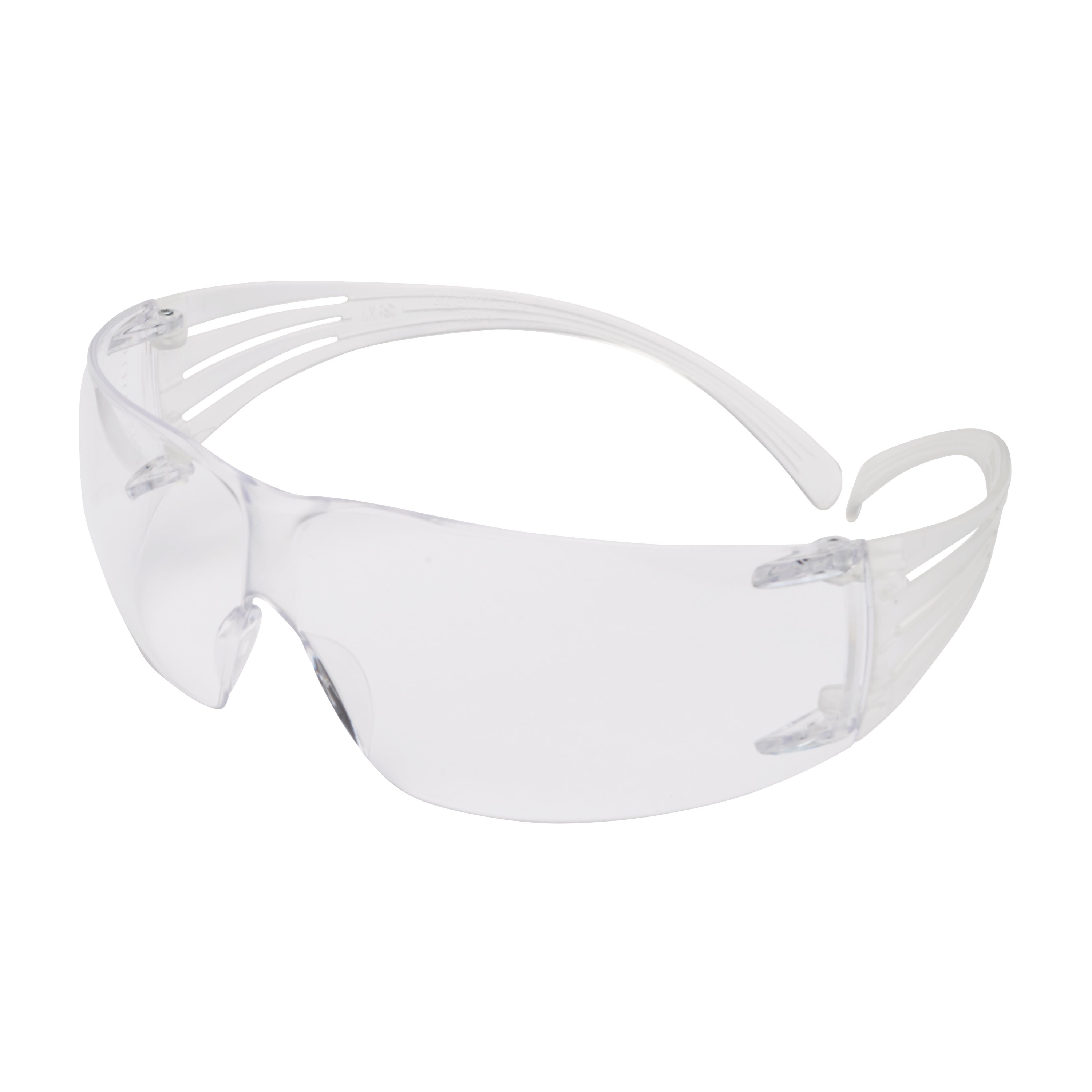 Transparente 3M SecureFit Schutzbrille aus klarem Polycarbonat. Mit weiter, durchgehender Scheibe und flexiblen, selbstjustierenden Bügeln für optimalen Schutz und hohen Tragekomfort. Ideal gegen Stöße und UV-Strahlen.