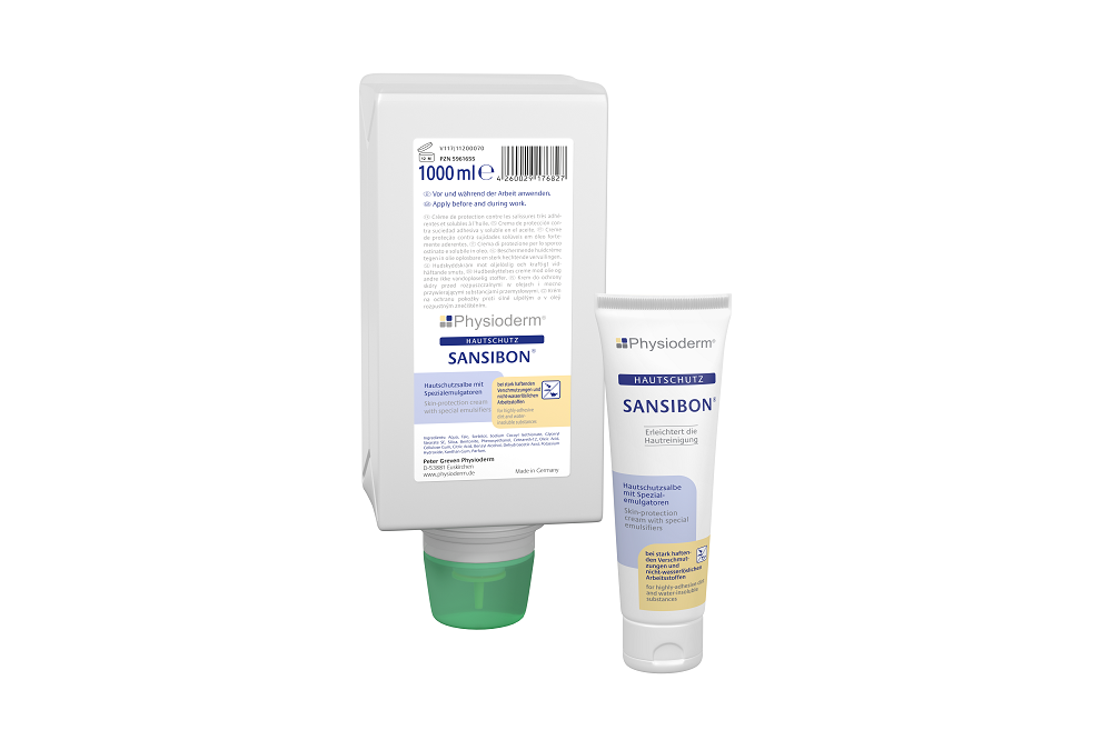 Zwei Physioderm SANSBON Hautschutzprodukte, ein großer weißer 1000-ml-Spender und eine kleinere Tube, stehen nebeneinander. Beide sind als Hautschutzsalbe mit Spezialemulgatoren gekennzeichnet und zeigen Anwendungshinweise.