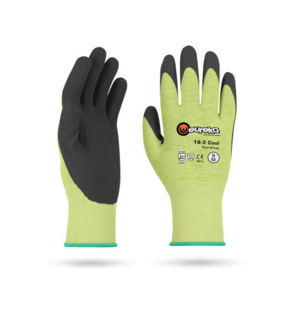 Graugelbe und schwarze Schnittschutzhandschuhe liegen flach. Handflächen und Finger schwarz beschichtet, Handrücken graugelb. Auf dem rechten: Eureka-Logo, „18-3 Cool SupraCoat“, EN 388 (4X43C), Größe M. Türkiser Bündchenrand.