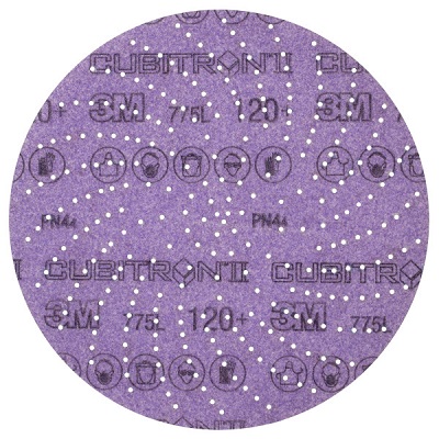 Runde, violette 3M Cubitron II Schleifscheibe, Körnung 120+. Oberfläche mit vielen weißen Staubabsauglöchern. Markierungen wie Modell 775L und Piktogramme für Schutzbrille, Gehör- und Atemschutz sind erkennbar.