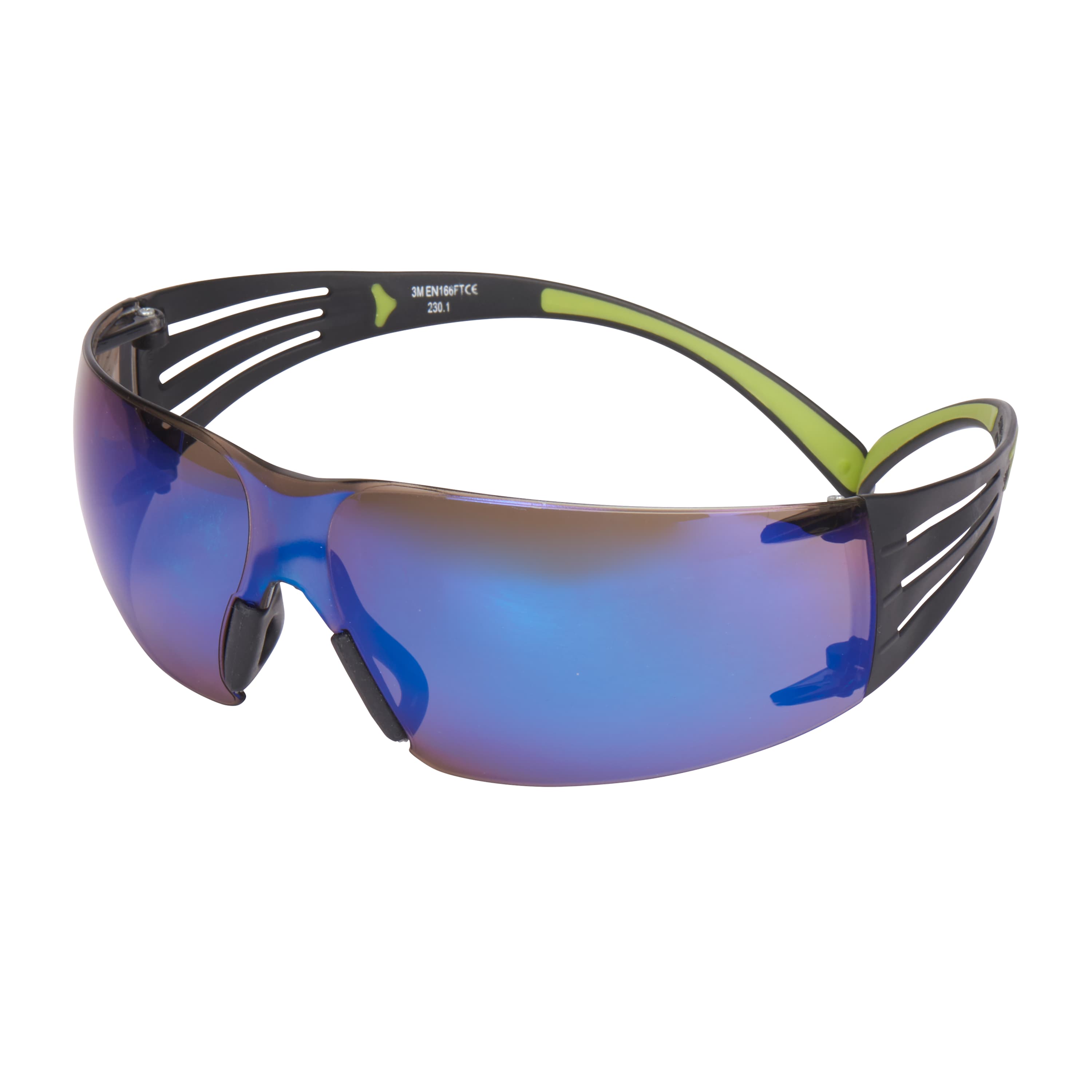 3M SecureFit Schutzbrille mit blauen, verspiegelten Polycarbonatscheiben, umlaufend ans Gesicht angepasst. Schwarzer Rahmen mit flexiblen Bügeln, Enden leuchtend grün. Weiches Nasenpolster. Antikratzbeschichtet.