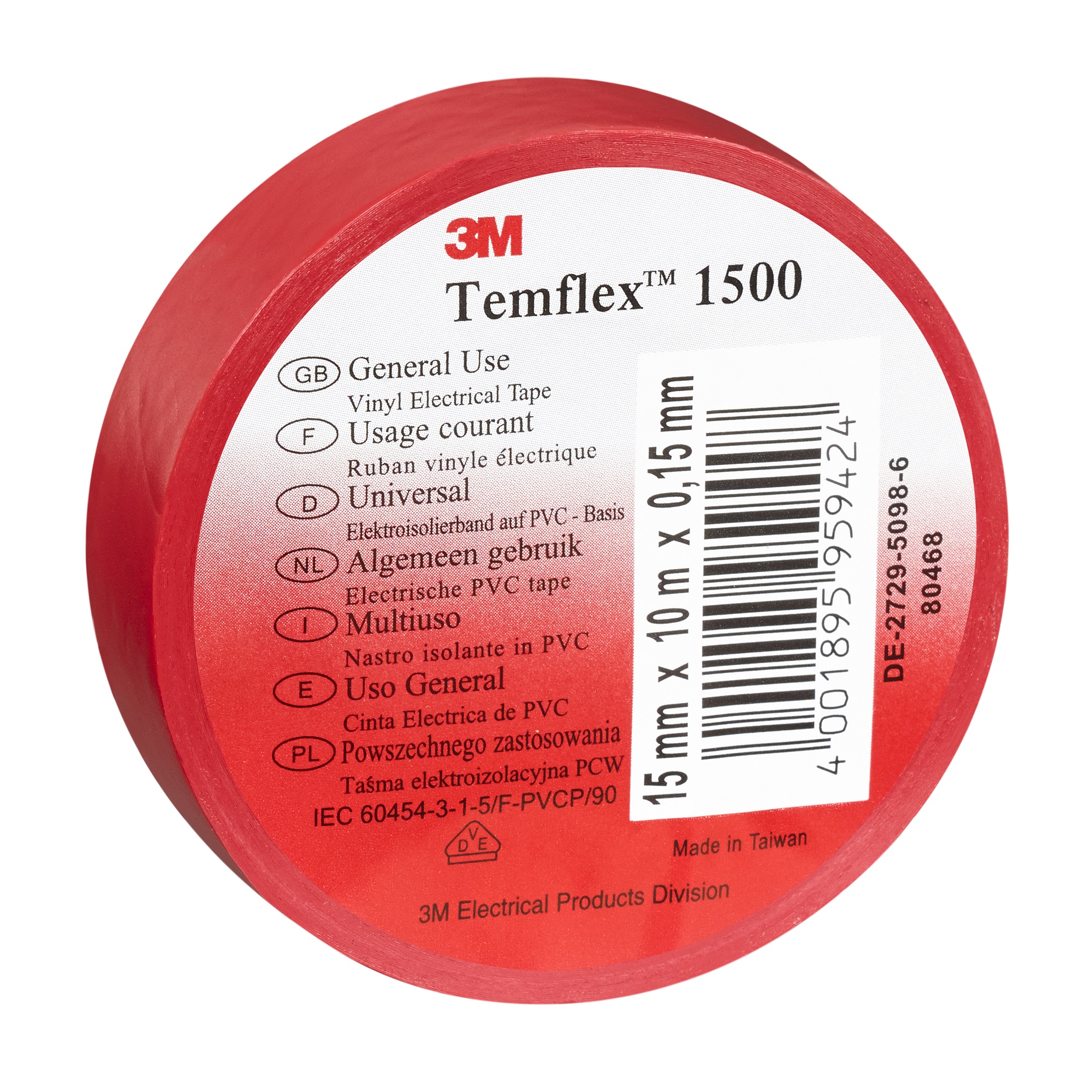 Rotes 3M Temflex 1500 Isolier-Klebeband, aufgerollt. Oben weißes Etikett mit „3M Temflex 1500“, „Vinyl Electrical Tape“, „15 mm x 10 m x 0,15 mm“ und Barcode. Für Isolation und Reparaturen von Drähten/Kabeln.