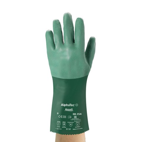 Dunkel- und hellgrüner Chemikalienschutzhandschuh bis zum Unterarm, an einer Hand getragen. Oberteil hellgrün, Schaft dunkelgrün. Am Schaft: AlphaTec Ansell, Modell 08-354, Größe 9, Sicherheitssiegel.