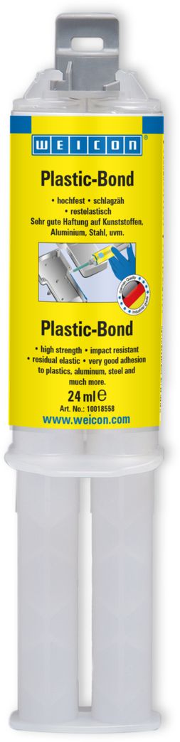 Gelb-blaue WEICON Plastic-Bond Doppelkartusche (24 ml) mit Strukturklebstoff. Beworben als hochfest, schlagzäh und restelastisch, mit sehr guter Haftung auf Kunststoffen, Aluminium und Stahl. Anwendung auf Kunststoffbauteil.