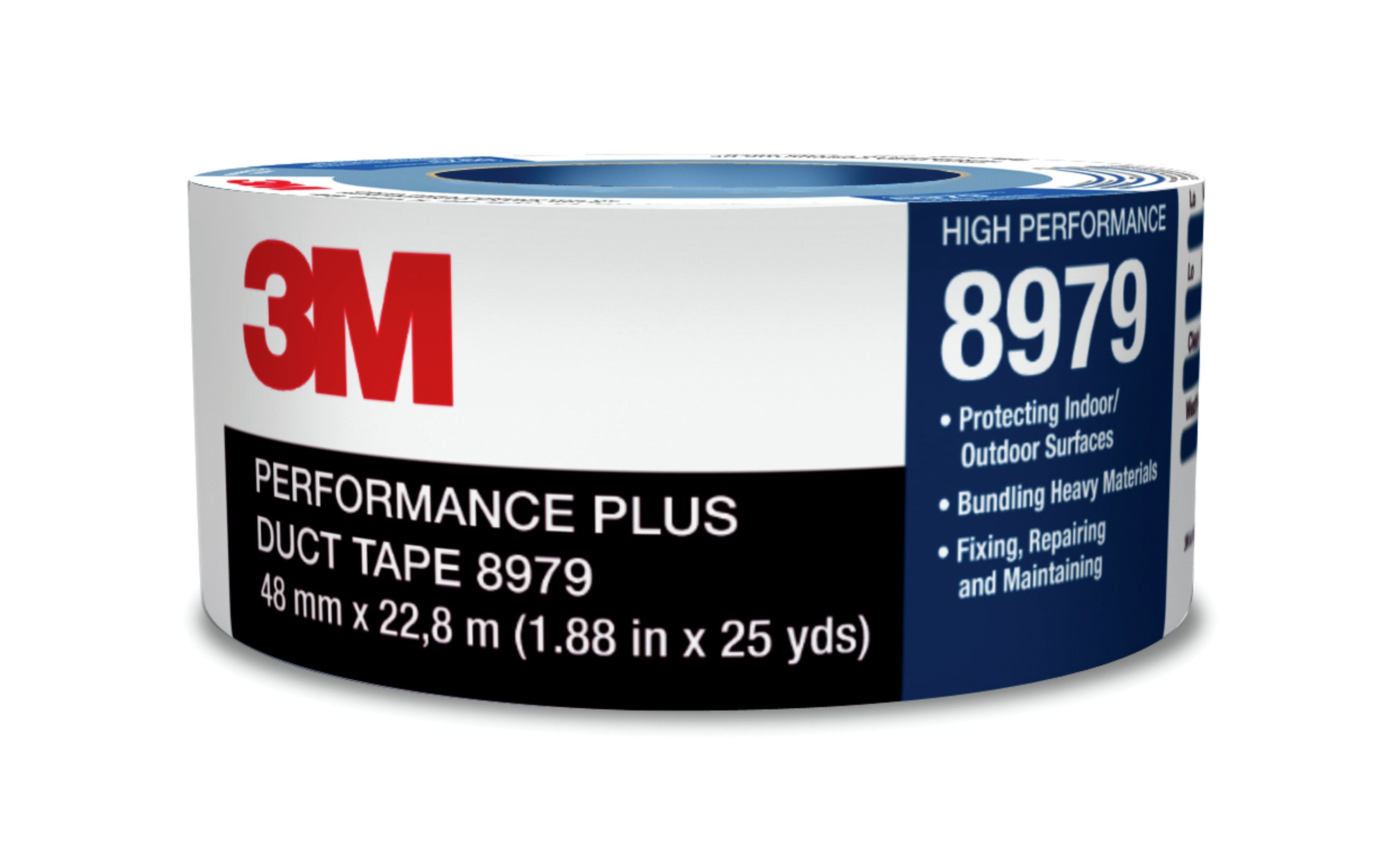Rolle blau-graues 3M 8979 UV-Gewebeabdeckband. Auf weißem Etikett: rotes 3M-Logo, „Performance Plus Duct Tape 8979“, 48 mm x 22,8 m. Für Innen- und Außenflächen, zum Bündeln und Reparieren.