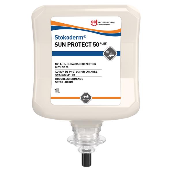 Großer beigefarbener Spender für Stokoderm SUN PROTECT 50 PURE UV-A/-B/-C-Hautschutzlotion mit LSF 50. Etikett mit orange-blauen Akzenten, Produktname, Hände unter Sonne, 1 Liter. Unten transparenter Aufsatz, schwarzer Pumpkopf.