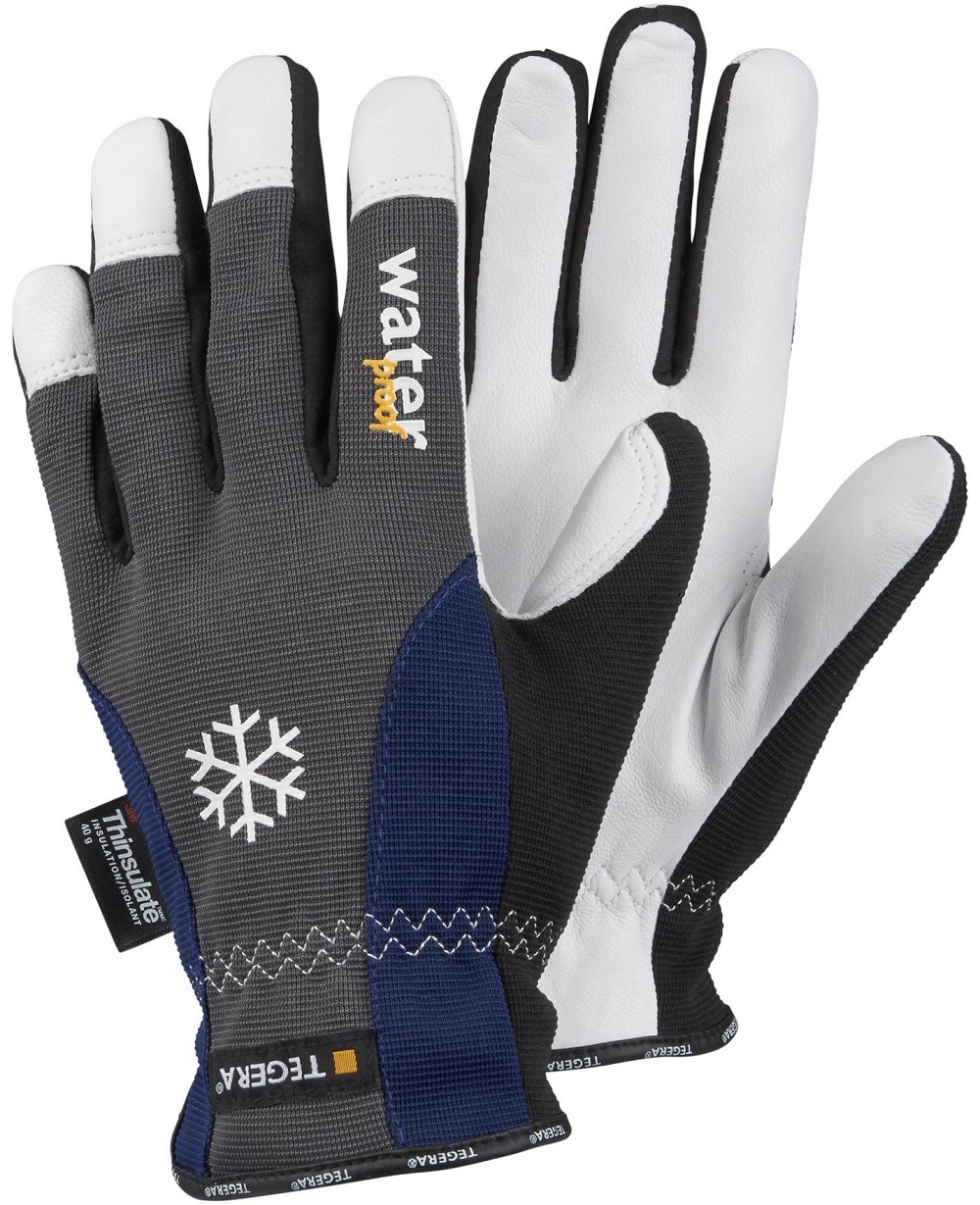 Tegera 295 Kälteschutzhandschuhe weiß-grau-blau. Oberhand: graue Spandex-Rückseite mit weißen Fingerkuppen, blauem Stoff, Schneeflockensymbol und "waterproof". Innenhand: helles Ziegenleder mit schwarzen Rändern. Thinsulate-gefüttert.