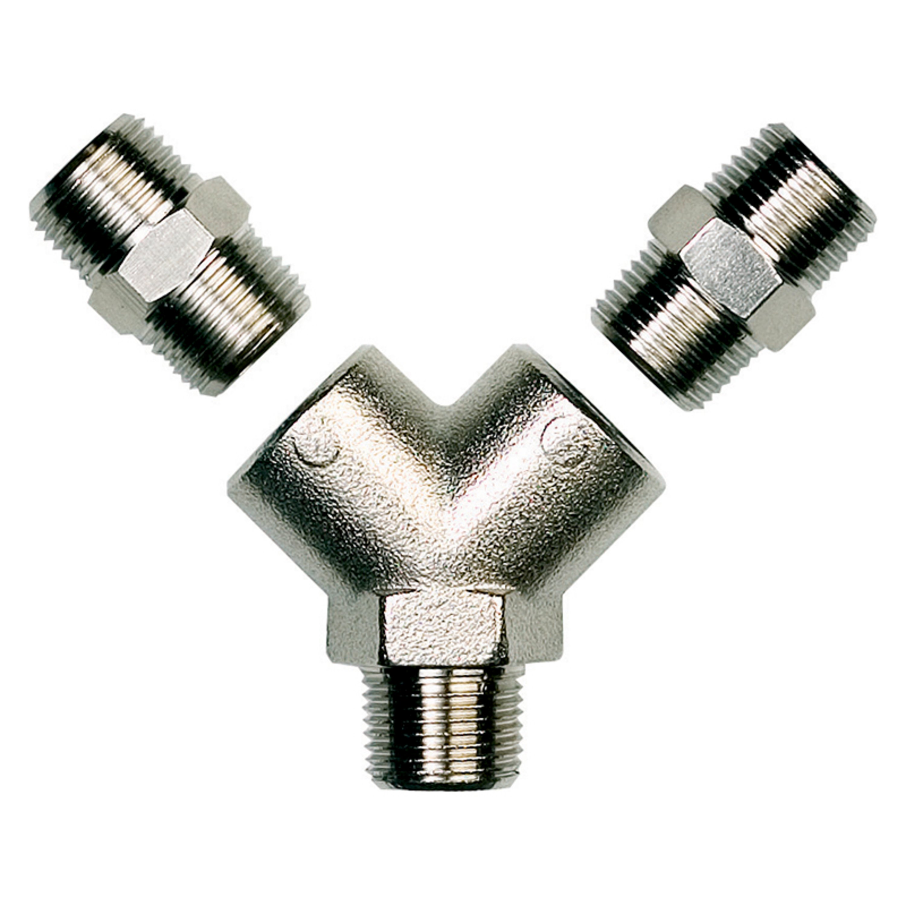 Matte, Y-förmige Metallkupplung mit 3 Gewindeanschlüssen, teilt einen Eingang in 2 Ausgänge für Druckluft o.Ä. Dazu 2 passende Gewindeadapter mit 3/8-Zoll-Außengewinde. Set für 2-fach Aircare-Ausgang.