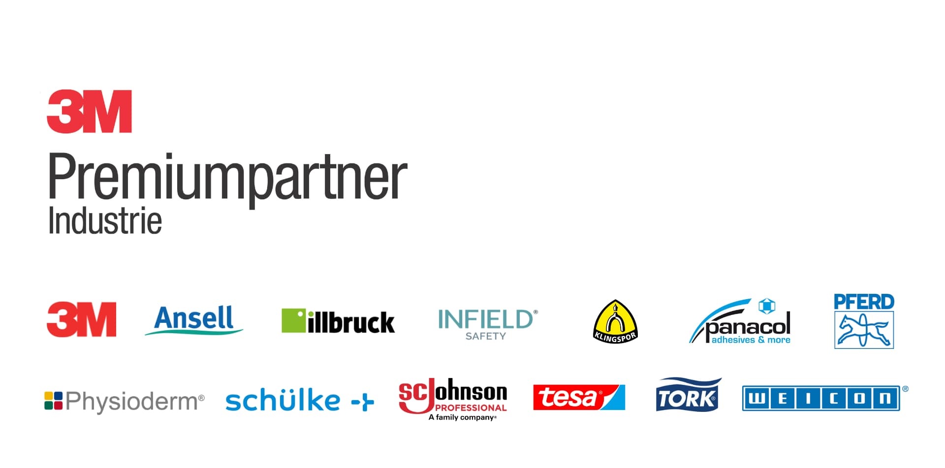 3M: „Premiumpartner Industrie“. Logos: Ansell, illbruck, Infield Safety, Klingspor, Panacol, Pferd, Physioderm, Schülke, SC Johnson Professional, Tesa, Tork, Weicon.