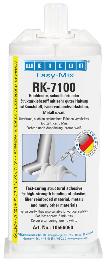 Weißer Behälter mit WEICON Easy-Mix RK-7100 Acrylat-Strukturklebstoff, beschriftet auf Deutsch/Englisch. Diagramm zeigt Anwendung des hochviskosen Klebstoffs für strukturelle Verklebungen von Kunststoff, Metall und Faserverbund an senkrechten Flächen.