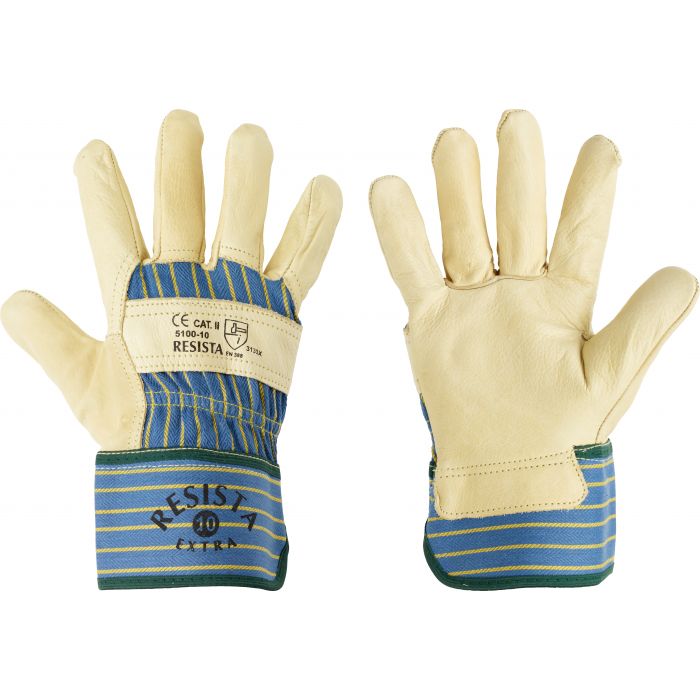 Beigefarbene Schutzhandschuhe aus geschmeidigem Rindnarbenleder. Handflächen und Finger hellbeige, Handrücken aus blau-gelb gestreiftem Baumwolldrilch. Stulpen blau-gelb gestreift mit grünem Rand. Logo RESISTA EXTRA.
