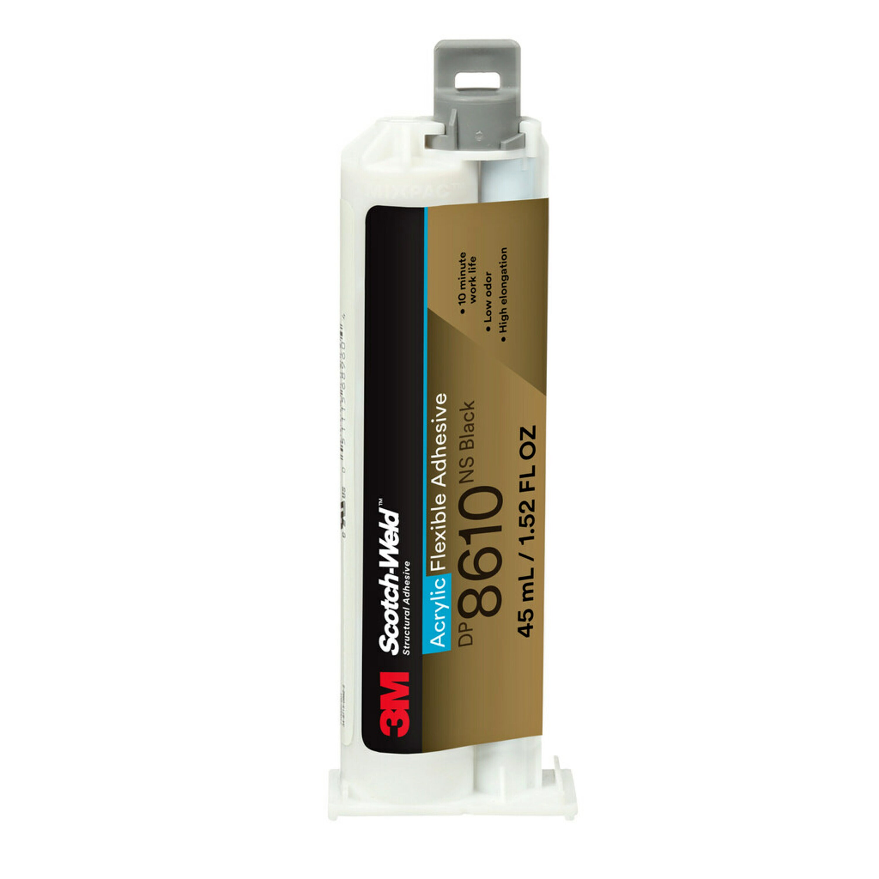 Kartusche 3M Scotch-Weld DP-8610NS Acrylat-Klebstoff: schwarzer, nicht fließender 2K-Klebstoff. Verpackung weiß/goldbraun mit rotem 3M-Logo; Eigenschaften: 10 Min. Verarbeitungszeit, geruchsarm, hohe Dehnbarkeit. 45 ml.