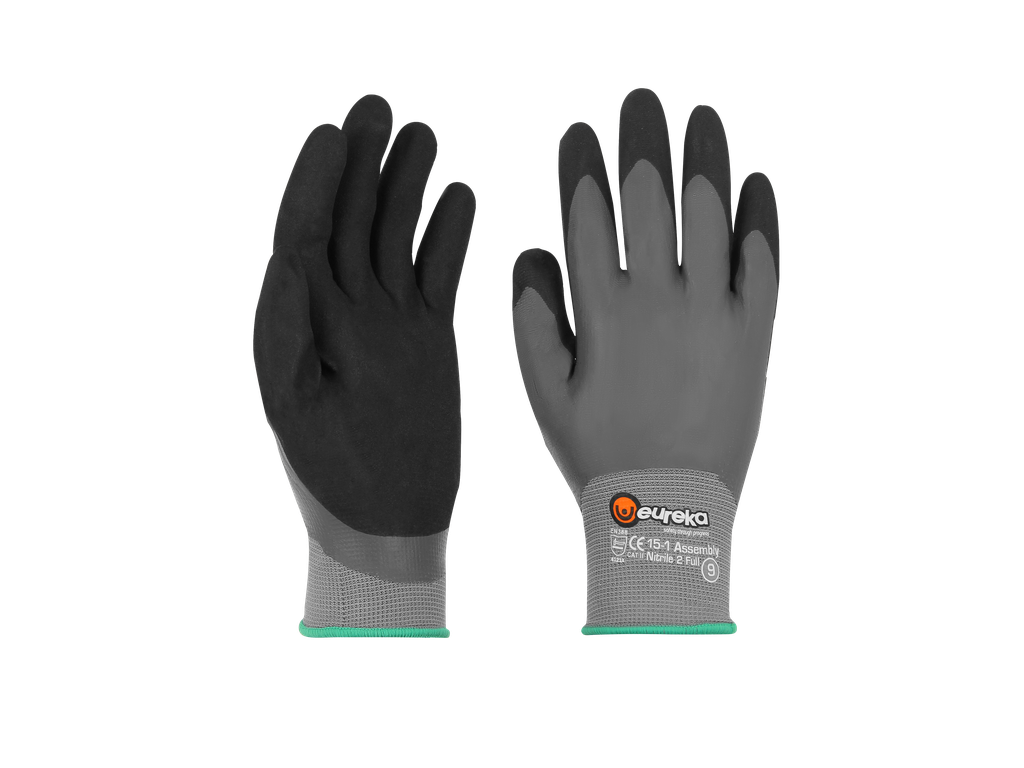 Gants de travail pour le montage, gris-noir, avec revêtement en nitrile. Paumes et bouts des doigts revêtus de noir, dos des mains et côtés des doigts gris. Poignets gris en tricot fin avec bordure élastique vert vif. Idéaux pour les travaux de précision.
