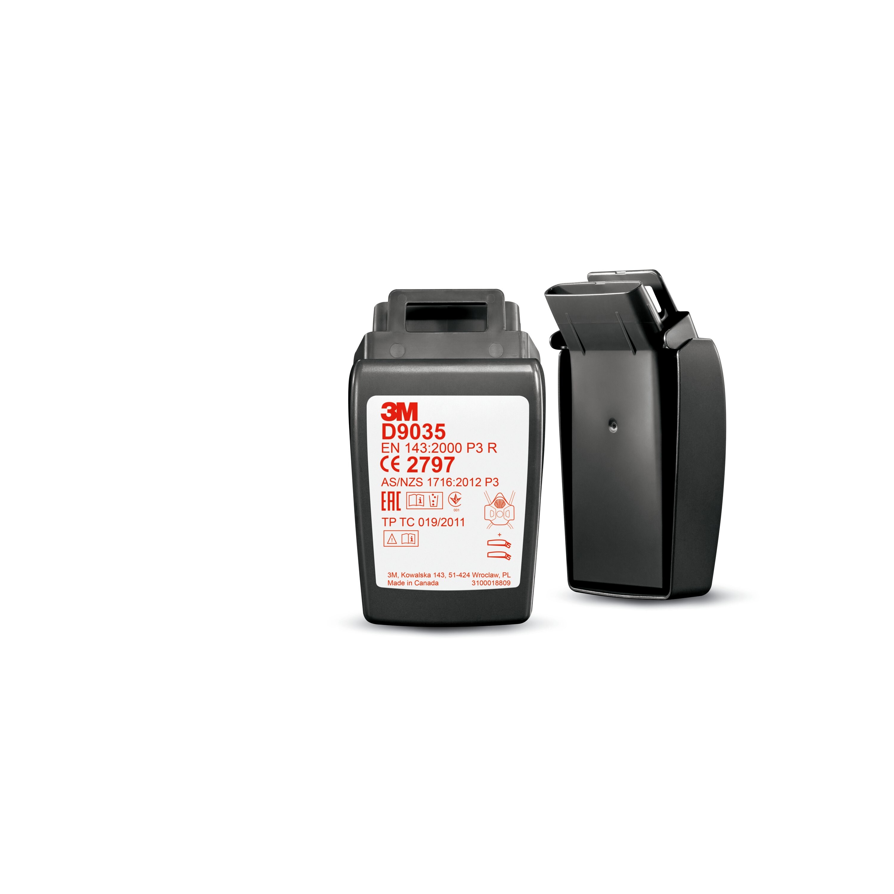 Deux filtres anti-particules 3M D9035 Secure Click noirs et rectangulaires, dont un vertical et l'autre légèrement incliné, offrant une protection P3R contre particules solides et liquides ; idéal pour demi-masques.