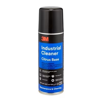 3M Industrial Cleaner Citrus Base in Sprühdose mit schwarzem Deckel. Blaues Etikett mit Produktname in weiß. Entfernt Klebstoffrückstände und Schmutz, mit frischem Zitrusduft. 200 ml, nicht korrosiv.