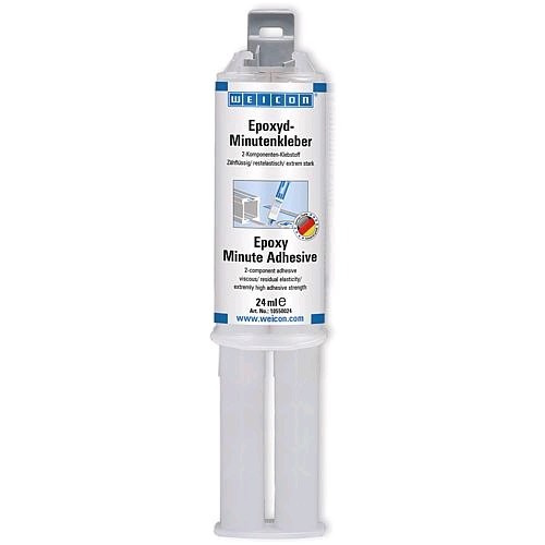Transparenter, weiß-blauer Doppelkartuschen-Spender für WEICON Epoxyd-Minutenkleber. Der 2-Komponenten-Klebstoff ist zähflüssig, restelastisch und extrem stark. Die 24ml Packung mit "Made in Germany" Siegel zeigt deutsche und englische Beschriftung.