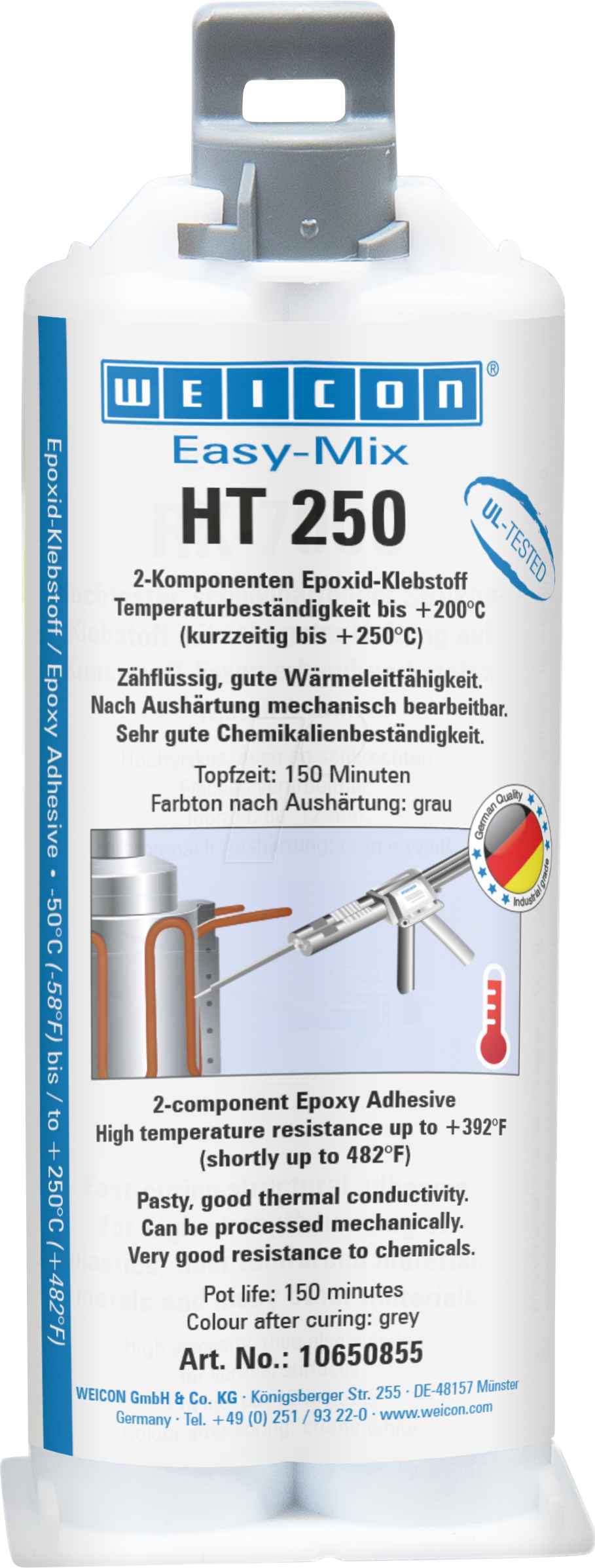 Weiße Flasche WEICON Easy-Mix HT 250, 2-Komponenten-Epoxidklebstoff für hohe Temperaturen. Etikett: temperaturbeständig bis +200°C, gute Wärmeleitfähigkeit, chemikalienbeständig. Grafik: Kleben von Metall bei Hitze, UL.