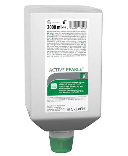 Großer, weißer, rechteckiger Behälter mit Active Pearls Handreiniger (2000 ml). Etikett: Handreiniger für starke Verschmutzungen mit „Active Soft Pearls“ (DE/EN). Unten grüne Spenderdüse, Greven-Logo vorn.