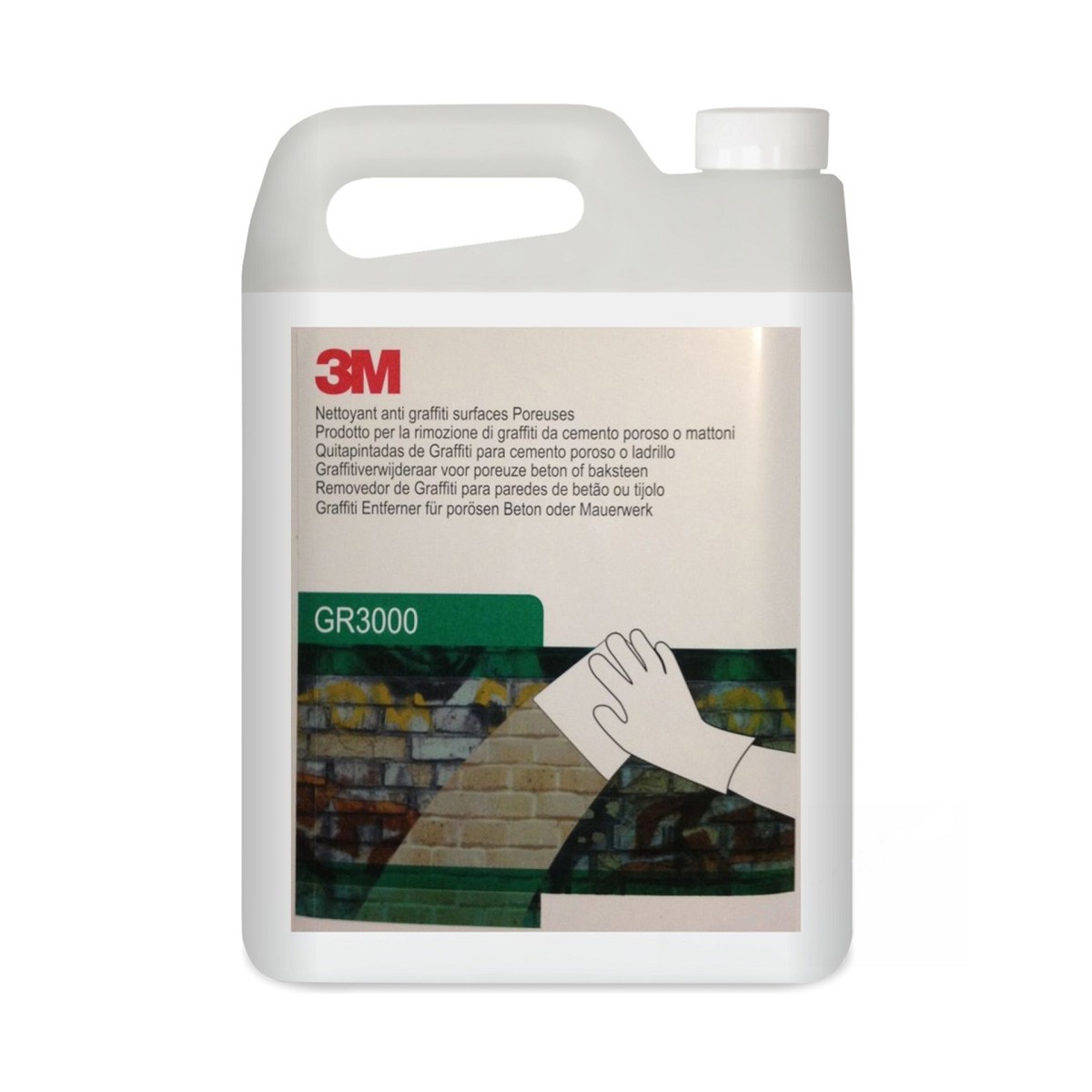 Weißer 5-Liter-Kanister 3M GR3000 Graffiti-Farbentferner, mit 3M-Logo und Produktname auf dem Etikett. Grafik: behandschuhte Hand wischt Graffiti von Ziegelwand, für poröse Oberflächen wie Beton und Mauerwerk.