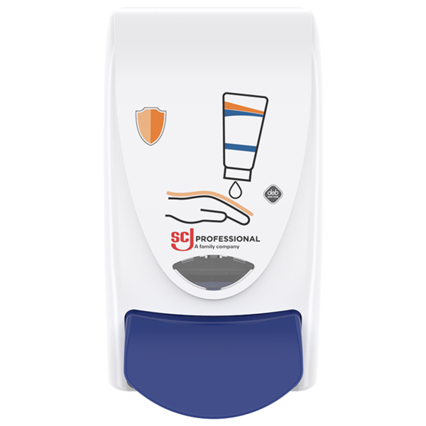 Weißer, wandmontierter Spender mit blauem Hebel unten. Vorn Grafiken zur Nutzung: oranges Schild, Hand erhält Flüssigkeit aus Flasche, Logos "SCJ PROFESSIONAL" und "deb skin care". Sichtfenster zur Füllstandskontrolle.