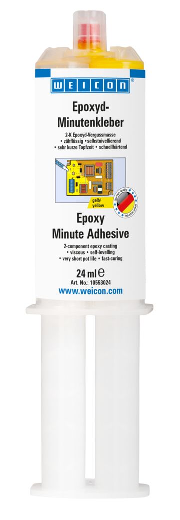 Ein weißer Doppelkammer-Klebstoffspender mit gelb gefärbtem WEICON Epoxyd-Minutenkleber. Die Etikette beschreibt ihn als zähflüssige, selbstnivellierende, schnellhärtende 2-K Epoxid-Vergussmasse, ideal zum Vergießen und Kleben elektronischer Bauteile.