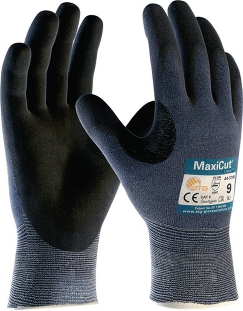 Dunkle Arbeitshandschuhe mit strukturierter, rutschfester Beschichtung auf Handflächen und Fingern, dunkelblau mit gerippten Bündchen. Rechter Handschuh mit hellblauem MaxiCut/ATG-Etikett, Zertifizierungen und Größe 9.
