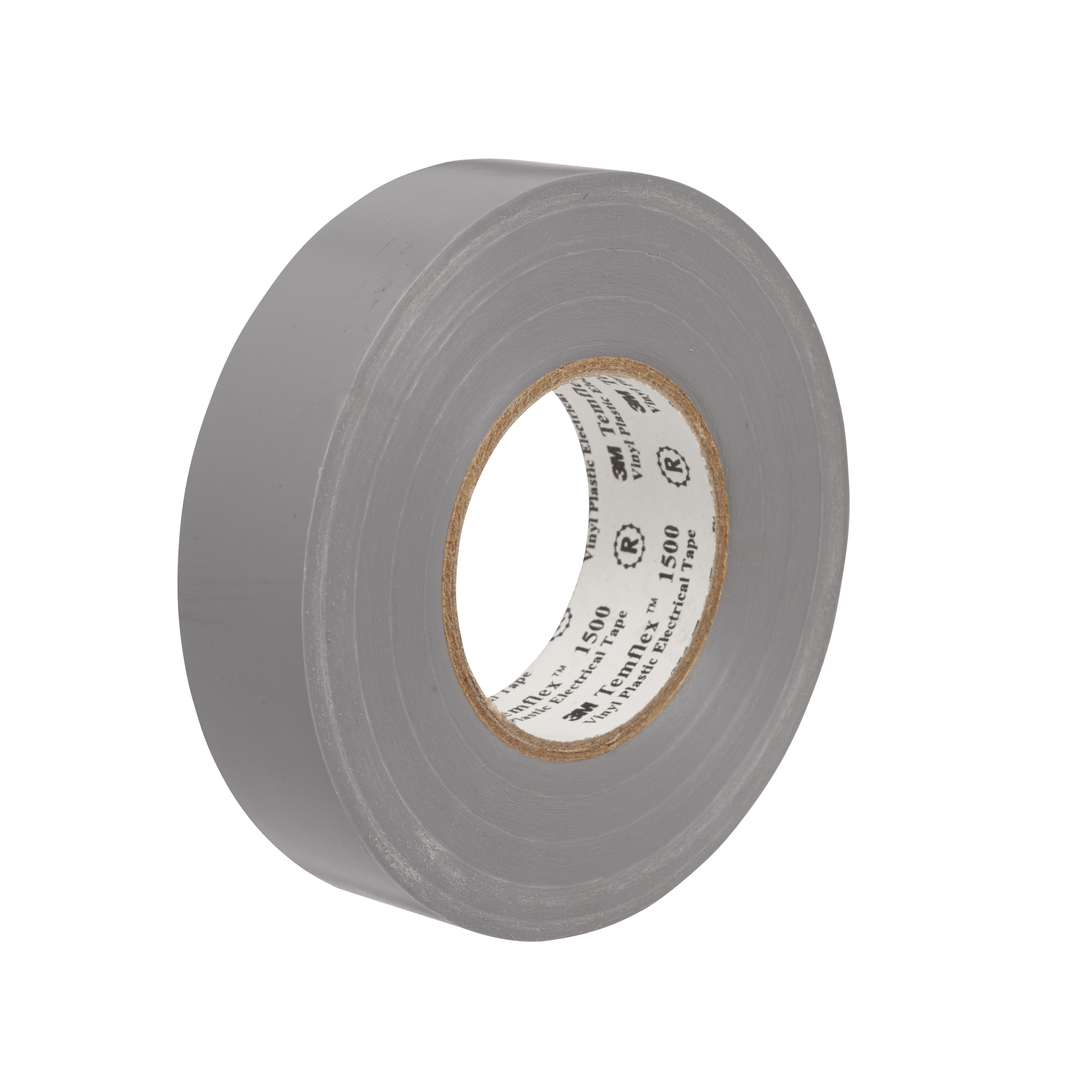Ein graues Bündel 3M Temflex 1500 Vinyl-Kunststoff-Isolierband, aufrecht auf einer weißen Oberfläche stehend. Das Band ist vollständig aufgerollt, mit der Innenseite des Kerns sichtbar, auf der der Markenname und Produktdetails gedruckt sind.