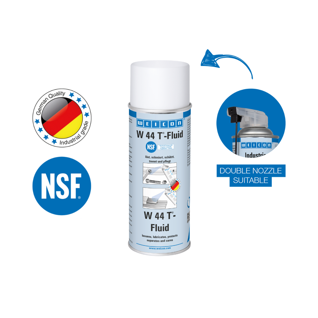 Weiße Sprühdose WEICON W 44 T-Fluid Multifunktionsspray mit blauem Etikett, NSF-Zertifizierung und Herstellerlogo. Abgebildet sind Double-Nozzle-System, „German Quality“-Siegel und großes NSF-Logo für Lebensmittelbereich.